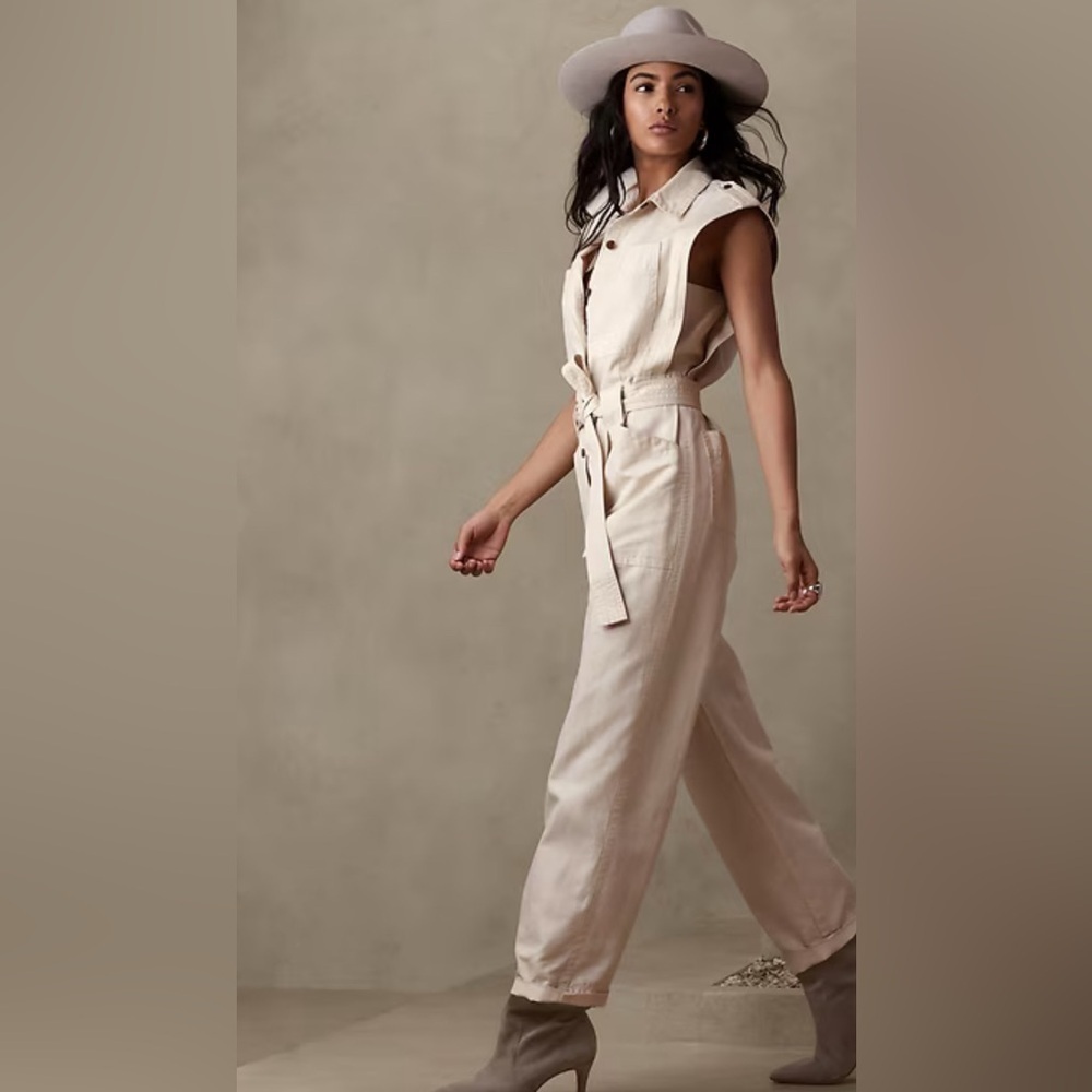 Banana Republic Casual Linen-Blend Utility Safari Sleeveless Jumpsuit Coveralls